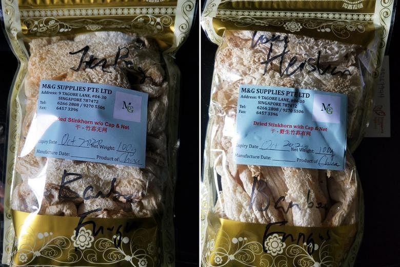 The Singapore Food Agency said that it is recalling (clockwise from left) "Jia Peng Dried Stinkhorn without cap and net", "Long Heishan Dried Stinkhorn with cap and net", "Fei Long Pai" bamboo fungus, "Long Teng Pai" bamboo fungus and "Hong Ma" bambo