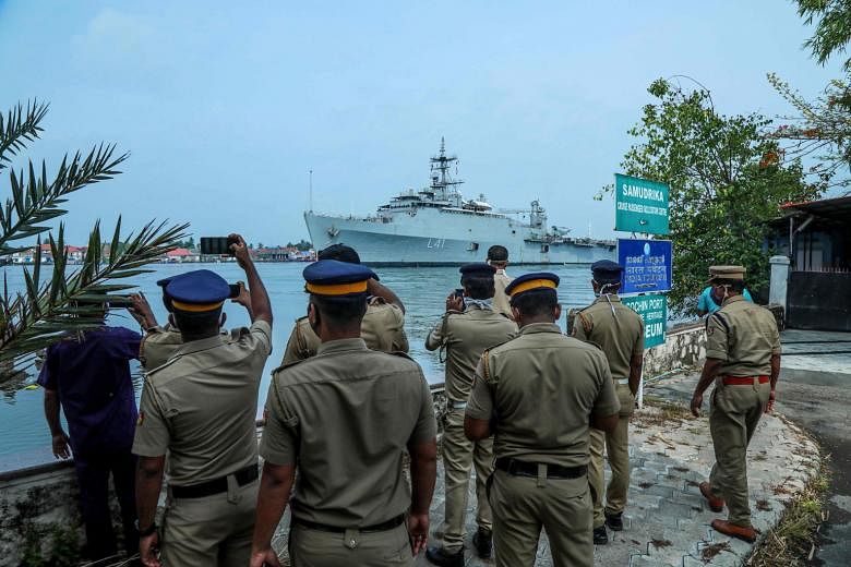 The INS Jalashwa navy ship entering Cochin port in the south Indian state of Kerala yesterday, carrying 698 Indian citizens who had been left stranded in Maldives because of the coronavirus lockdown. The naval effort was part of an initial operation 