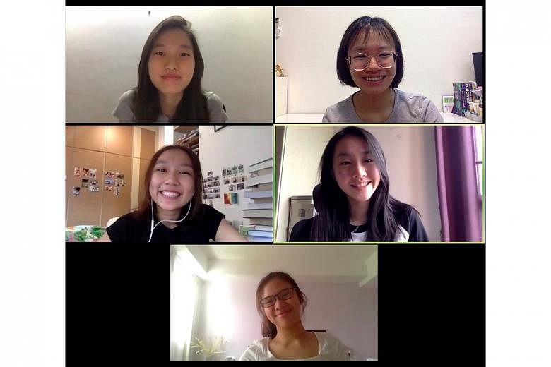 Raffles Institution graduates (clockwise from top left) Moh Jin Yin, Loh Su Jean, Amy Lin, Dan Yuet Ruh and Catherine K. started Project Circuit, an online tutoring initiative for JC students to raise funds for Covid-19 relief efforts. 