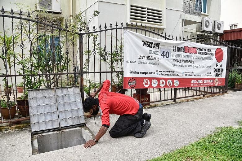 Checks are still made during the circuit breaker to eliminate potential mosquito breeding sites, such as this drain in Lorong 24 Geylang.