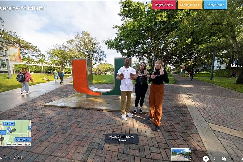 A screenshot from a virtual tour of the University of Miami on the YouVisit website. YouVisit is one of many sites that offer virtual tours of college campuses. These platforms are growing in popularity amid the coronavirus crisis.