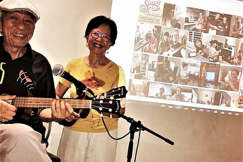 Retired physical education teacher Dick Yip (seen here with his wife Daisie) now jams with his ukulele group, Dick Yip & his Minstrels, online using Facebook livestreaming. 