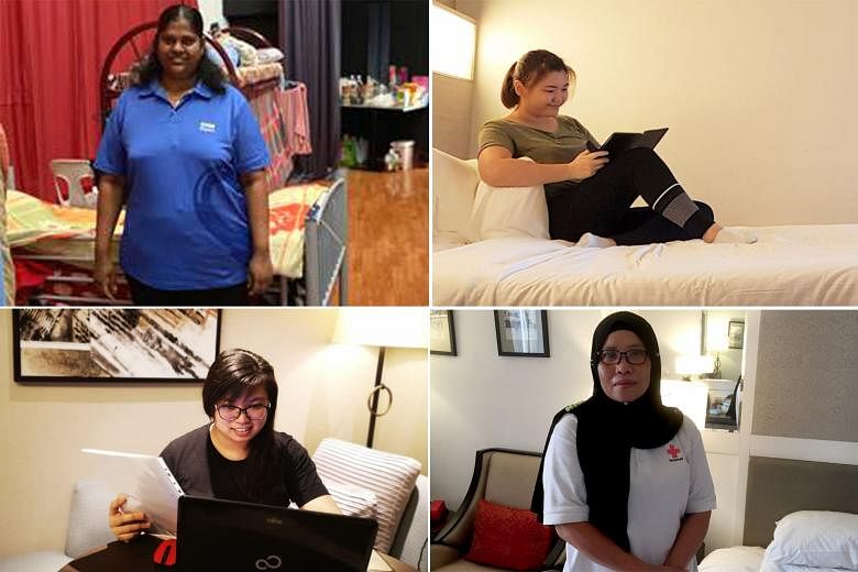 The coronavirus situation has resulted in thousands of nursing home staff in Singapore staying in hotels, or on-site at their places of work, for the safety of their residents. Among them are (clockwise from top left) Madam Prema Manikandan, in the m