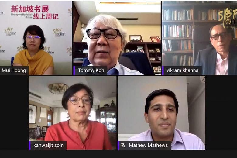 The panellists at a Singapore Book Fair discussion, which was livestreamed yesterday on Facebook (clockwise from far left): Straits Times opinion editor Chua Mui Hoong, veteran diplomat Tommy Koh, Straits Times associate editor Vikram Khanna, Institu