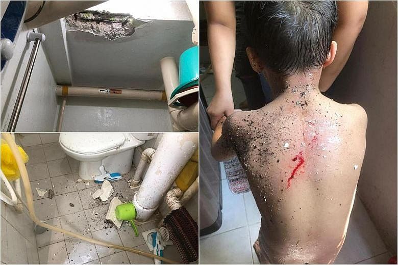 Ms Syasha DanialAlissa posted photos on Facebook showing her son's injured back and the affected toilet ceiling.
