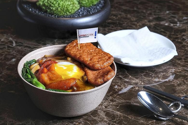 This dish of luncheon meat with egg and rice in spicy tomato sauce is made with OmniMeat luncheon meat. Retail packs of the plant-based meat will be launched in Singapore in September.