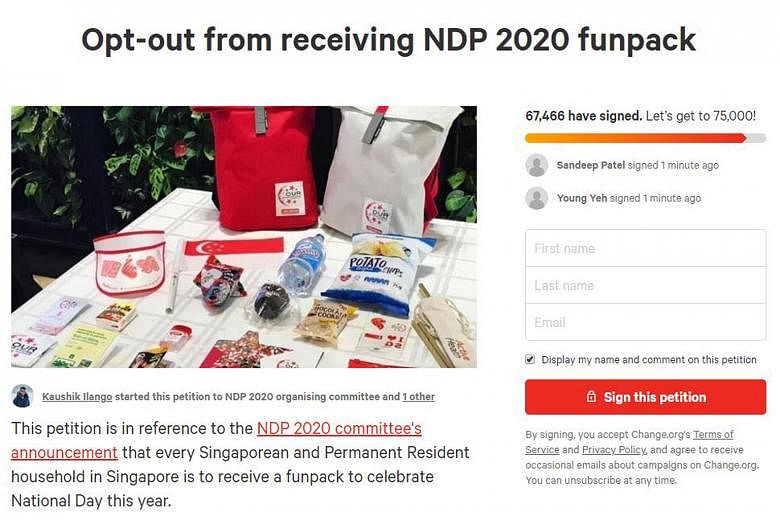 A petition was launched last Thursday to allow people to opt out of receiving the National Day Parade funpack, following the NDP committee's announcement that 1.2 million funpacks will be distributed to all Singaporean and permanent resident househol