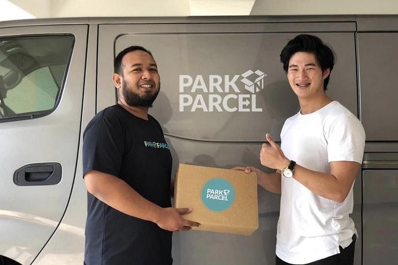 Park N Parcel co-founder Erik Cheong (top) and Glints CEO Oswald Yeo are dealing with the supply chain disruptions caused by Covid-19. Mr Muhammad Qoyyum Jhamaaluddin of logistics company Park N Parcel delivering an online order to customer Martin Ng
