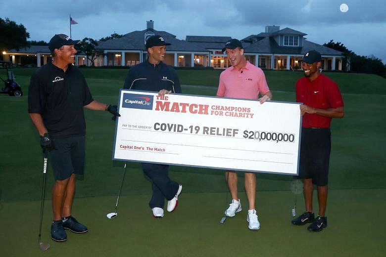 Left picture: (From left) Phil Mickelson, Tom Brady, Peyton Manning and Tiger Woods raised US$20 million for Covid-19 relief efforts during their charity match on Sunday. Above: Six-time Super Bowl champion Brady suffered a wardrobe malfunction while