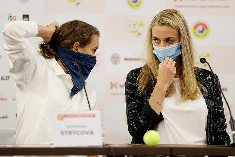 Barbora Strycova and Petra Kvitova at Monday's press conference for the all-Czech tennis tournament.