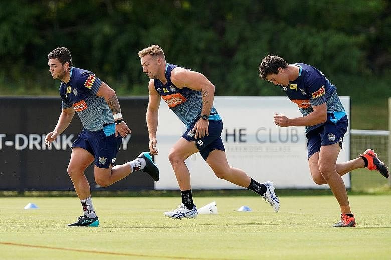 Australian NRL side Gold Coast Titans training on May 6 ahead of the competition's restart tomorrow. The bottom team will visit North Queensland Cowboys on Friday.
