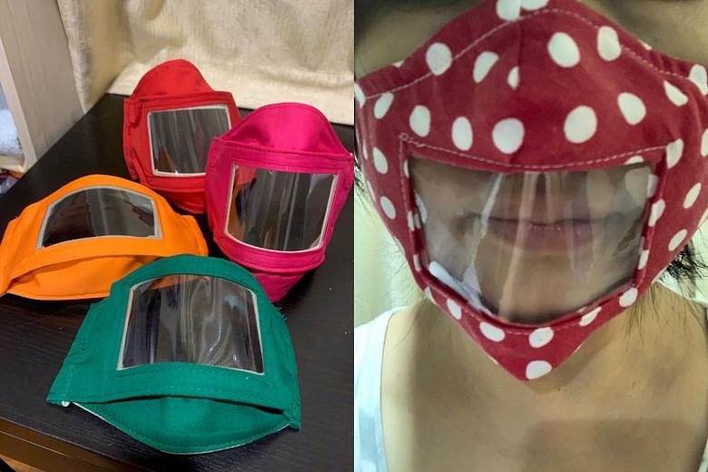 (Above) One of the prototypes for the specially designed masks that Ms Chan Siang Choo and Ms Rebecca Teo made for teachers of deaf students. They started to use solid colours (left) for the masks rather than patterned materials after feedback that t