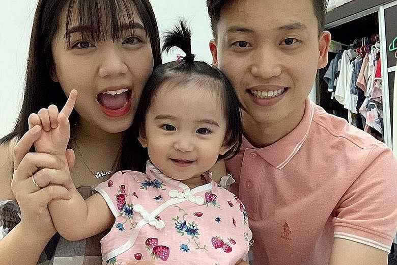 Above: Renovation contractor Alloyious Koh of Carpenters Design Group is short of manpower as he has many workers who remain stuck in Malaysia. Left: Ms Shermaine Chan with her husband Yip Ching Hing and their 20-month-old daughter, Phoebe, before th