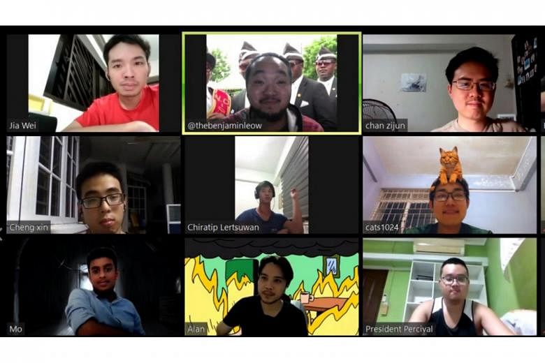 Mr Benjamin Leow (top row, centre) runs board-game community #laiplayleow and hosts nightly game sessions for players on Zoom. 