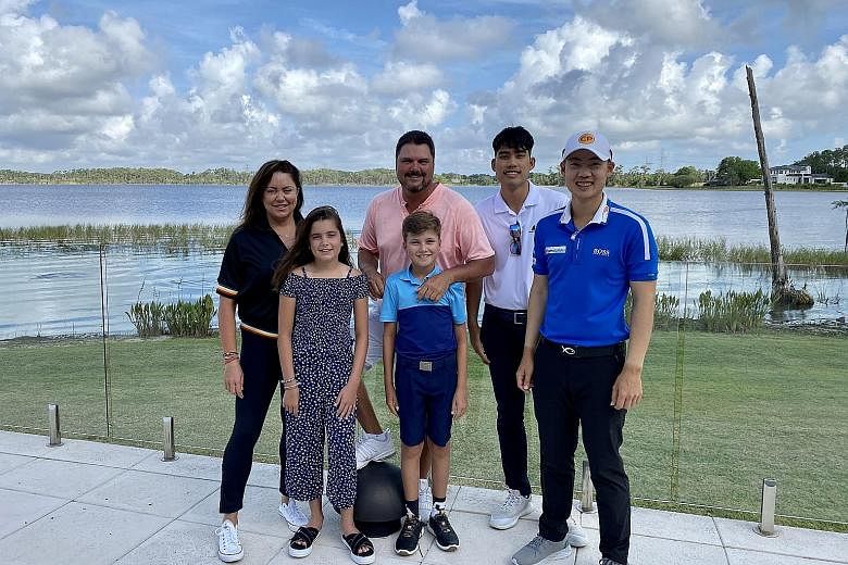 Thai golfer Jazz Janewattananond (in white cap) and his caddie Camp Pulit (second from right) have been staying at the Orlando home of Daniel Chopra, his wife Samantha and their children Casper and Coco, since the PGA Tour was suspended in March. PHO