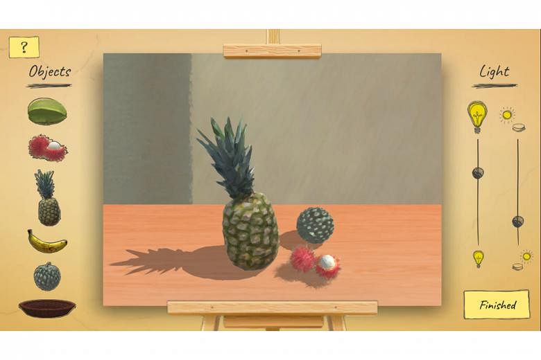 A game (left) based on the art of Singaporean artist Georgette Chen - who is behind the 1969 work Tropical Fruits - lets children create an image by arranging pieces of fruit in a bowl. It is one of the activities lined up in the online children's fe