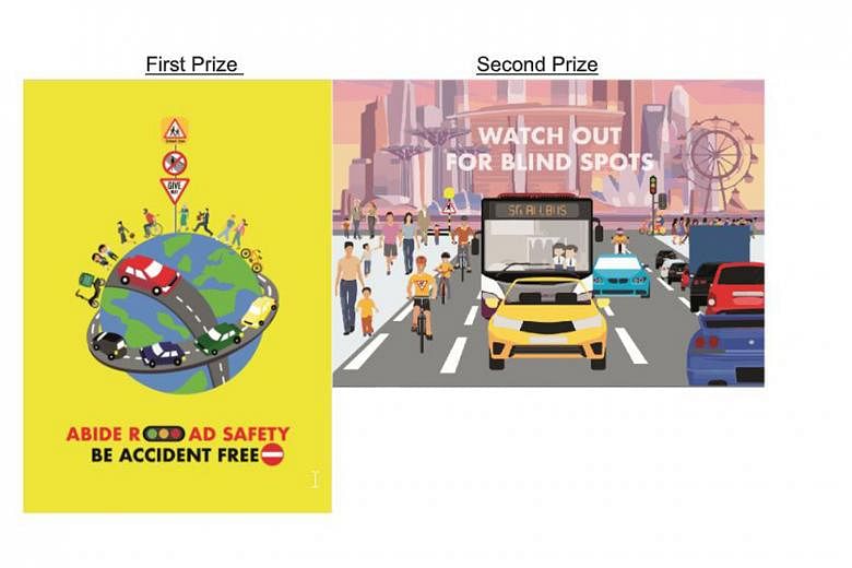The top three winning entries in the school category of the road safety art competition. The launch of the Singapore Road Safety Month comes after a slowdown in traffic activity during the past two months, which saw road accidents declining by over 4
