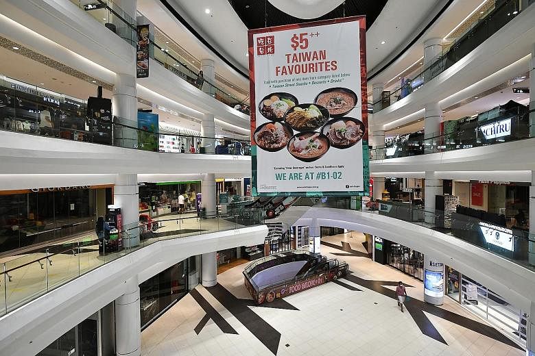 An almost empty Tampines Mall on May 12. April's drop in retail sales was much steeper than the 13.3 per cent decline in March. Circuit breaker measures, which started on April 7 and partly ended on Monday, forced all non-essential businesses to close, in