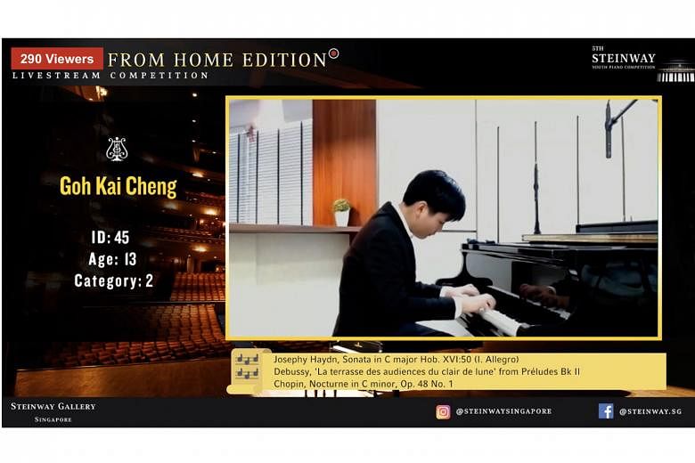 (Above) Secondary 1 student Goh Kai Cheng livestreamed from home his performance for the annual Steinway Youth Piano Competition conducted online last month. He won the first prize for competitors aged 12 to 14. (Right) Organisers of the Internationa