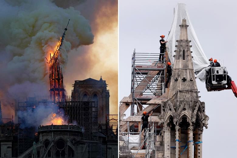 Workers at the Notre-Dame cathedral in Paris yesterday (right) began the delicate task of removing tonnes of metal scaffolding that had melted during a fire last year (above) that destroyed the monument's roof and spire, an Agence France-Presse journ