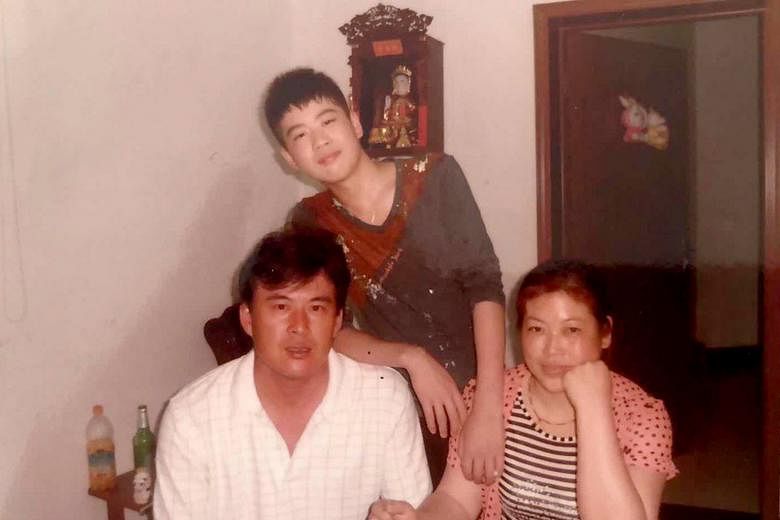 Chinese national Wu Liyou on the cruise ship where he was housed after he was deemed to have recovered from the coronavirus, in a photo (left, above) that he sent to his family in China. He is also shown in a family photo (left, below) with his wife 
