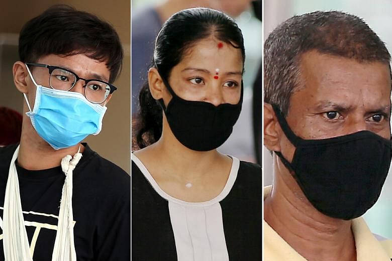 From top: Hubert Ee Meng Chye was charged yesterday with failing to wear a mask properly, among other charges. In separate cases, Letchimi and Ravindran Marimuthu are each facing 12 charges of leaving their respective homes during the circuit breaker