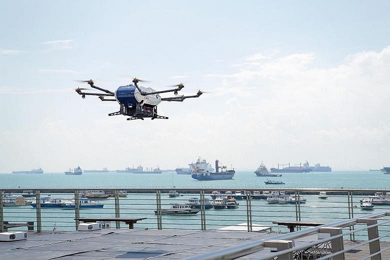 An Airbus Skyways drone at the Singapore Maritime Drone Estate. In a joint statement yesterday, the Infocomm Media Development Authority, the Maritime and Port Authority of Singapore and M1 announced the partnership with aviation giant Airbus for the