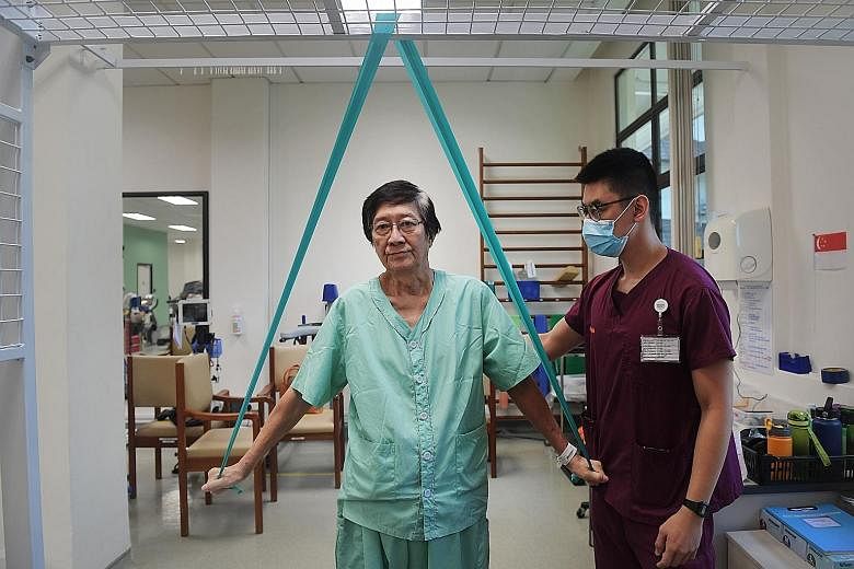 Left: Mr Susanto Notowibowo, 72, before he came down with Covid-19. PHOTO: COURTESY OF SUSANTO NOTOWIBOWO Far left: Mr Susanto at Alexandra Hospital, where he is undergoing rehabilitation to recover from the after-effects of his prolonged bed rest. H