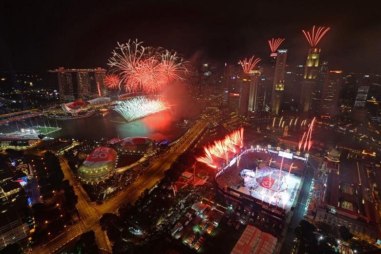 The fireworks display at the Padang during the Golden Jubilee National Day Parade in 2015. This year's festivities will be held in smaller segments at multiple locations, including a much smaller-scale parade at the Padang. ST PHOTO: JOYCE FANG