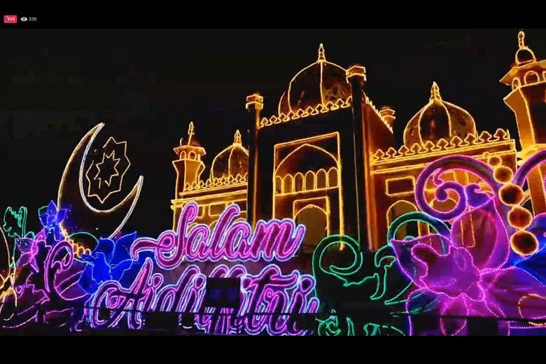 During the Riuh Riuh Raya Geylang Serai livestream (above) on Saturday, viewers got a glimpse of the surprise two-hour light-up of Geylang Serai (right) on the eve of Hari Raya Aidilfitri last month.