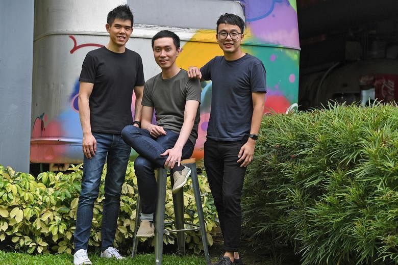 Trade and Industry Minister Chan Chun Sing cited the example of Carousell founders (below, from left) Quek Siu Rui, Lucas Ngoo and Marcus Tan, who all spent a year in Silicon Valley as part of the National University of Singapore Overseas Colleges pr