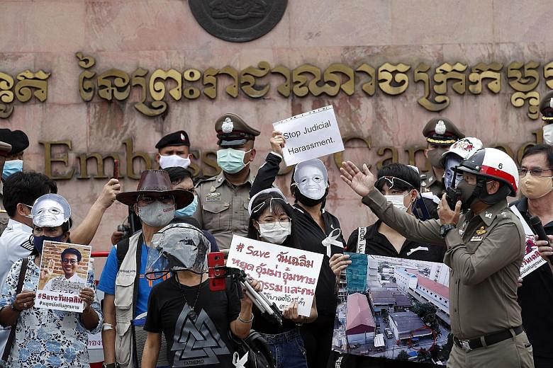 A group of up to 30 protesters gathering in front of the Cambodian embassy in Bangkok on Monday, chanting "Save Wanchalearm" and accusing the Thai authorities of being involved in Thai activist Wanchalearm Satsaksit's disappearance. His alleged abduc