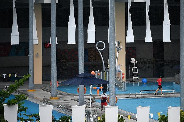 The Heartbeat@Bedok ActiveSG Swimming Complex, which has been closed. Precautionary measures when sports facilities reopen tomorrow include specific swimming timings for seniors and the general public in ActiveSG pools and the introduction of lane ro