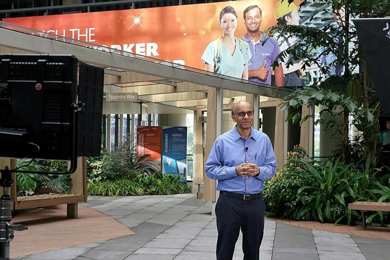 Senior Minister Tharman Shanmugaratnam speaking yesterday during the fifth of six national broadcasts on Singapore's post-coronavirus future. The Government's first priority is to save jobs and prevent people from being out of work for too long, he s
