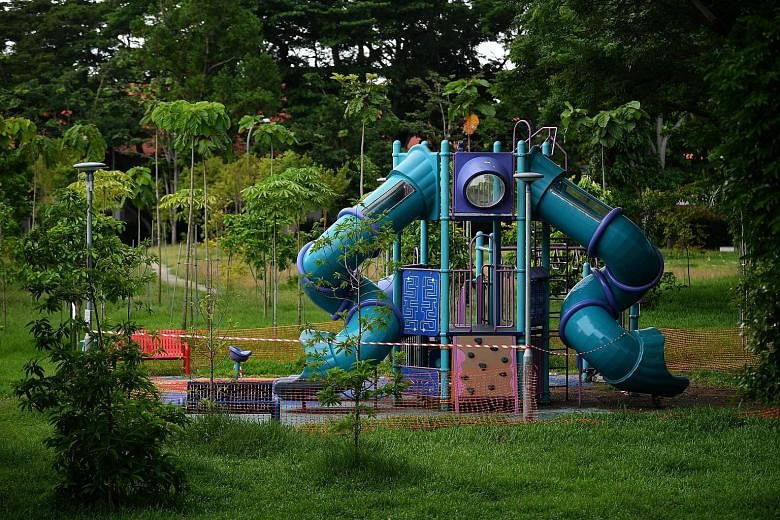 A cordoned-off playground near Changi Village Hawker Centre on Tuesday. Playgrounds in parks and Housing Board estates will reopen from tomorrow, when phase two kicks in. However, public facilities such as libraries and museums will reopen progressiv