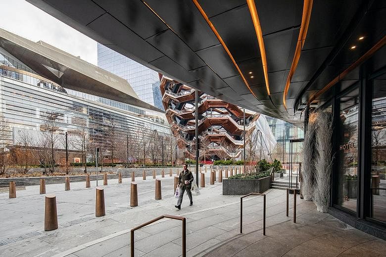 The 11ha Hudson Yards (above) in Manhattan has helped define the live-work-play ethos that many younger professionals seek in cities. But such mixed-use malls have suffered from measures imposed to curb the coronavirus pandemic 