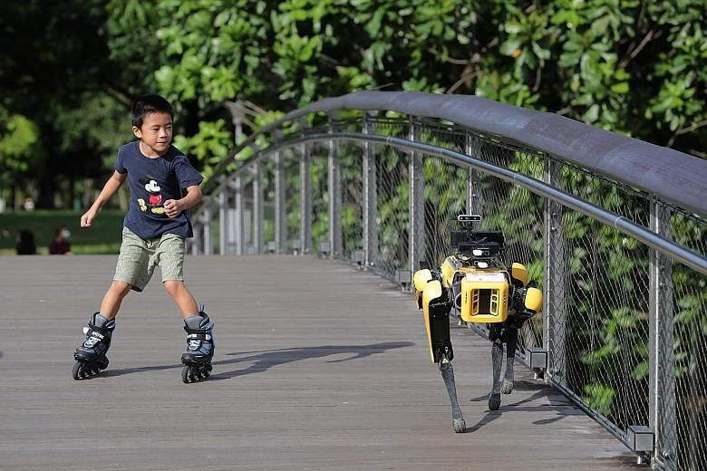 A four-legged robot patrolling Bishan-Ang Mo Kio Park last month to remind people about safe distancing by playing a recorded message, in a pilot trial by the National Parks Board and the Smart Nation and Digital Government Group. Robotics has been i