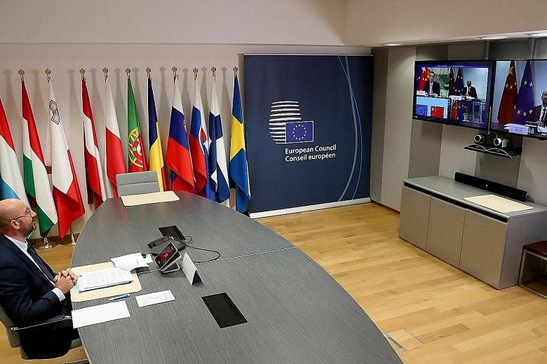 European Council president Charles Michel, in Brussels, taking part in a virtual summit with Chinese Premier Li Keqiang yesterday. It was to be followed by another video conference with Chinese President Xi Jinping.