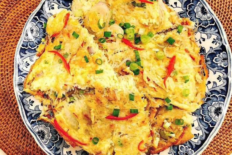 Elevate a plain omelette by adding crab meat and bean vermicelli to it.