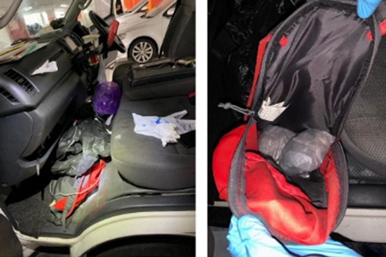 (Above) Views of the inside of a van intercepted along Simei Avenue, in a Central Narcotics Bureau operation on Monday. (Right) Some of the drugs seized in the operation. The total haul is estimated to be worth at least $215,000. PHOTOS: CENTRAL NARC