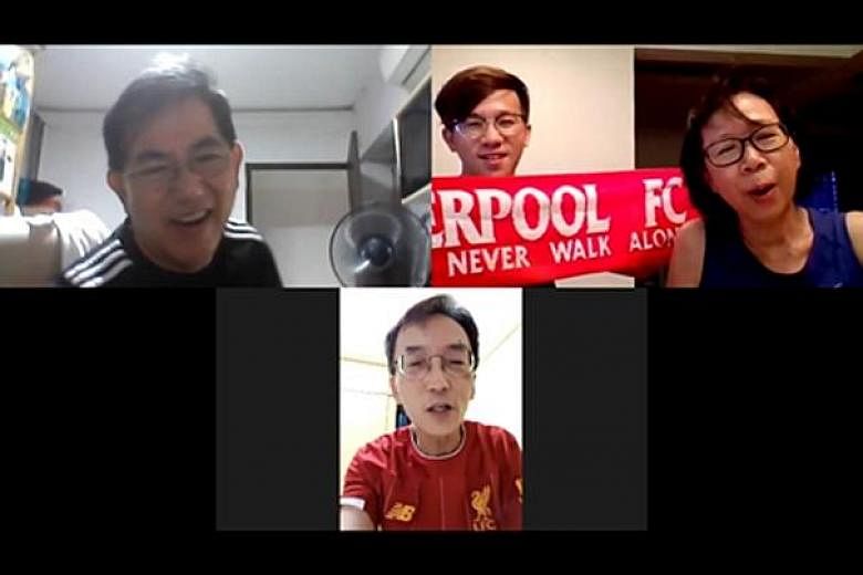 Jeffrey Kong (bottom) singing Liverpool’s anthem You’ll Never Walk Alone during a virtual session with his friends yesterday.