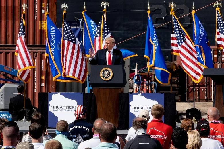 President Donald Trump talking to workers at the Fincantieri Marinette Marine facility in Wisconsin on Thursday. The state is among a handful that his advisers have focused on to get him re-elected.
