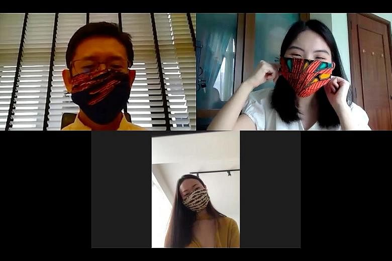 (Clockwise from top left) Wellchem Pharmaceuticals director Winthrop Wong, Sunday Times reporter Amanda Chai and dermatologist Teo Wan Lin testing the fabric masks.