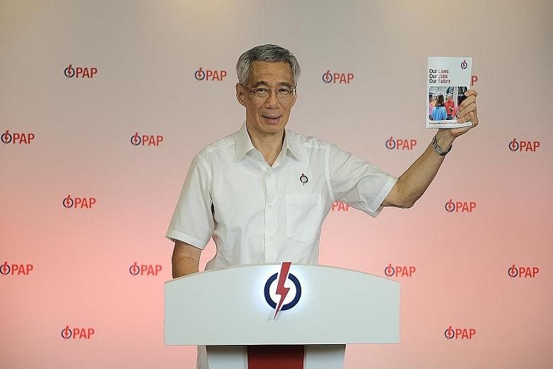 Prime Minister Lee Hsien Loong launching the People's Action Party's manifesto yesterday. During a live broadcast on Facebook and YouTube, he highlighted the achievements of a few of the PAP's new candidates, several of whom have founded social enter