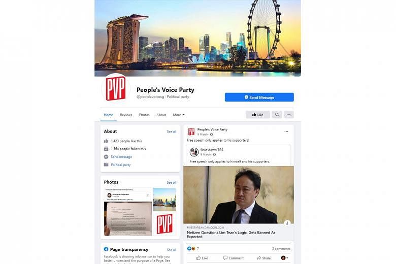 Left: A screenshot of a fake Peoples Voice Facebook page. PV chief Lim Tean said he has posted a warning about the fake page on his own Facebook page, which is where the party makes its announcements. Above: A post by Red Dot United alerting people t