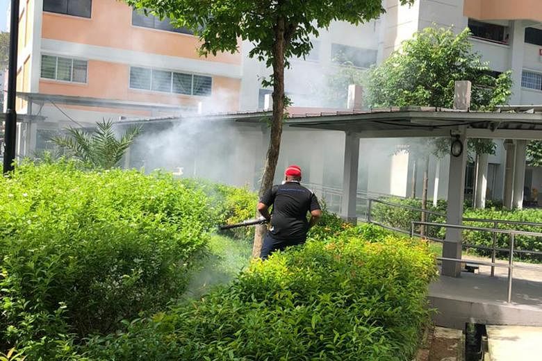 Mosquito fogging being carried out in Potong Pasir. The constituency is one of the worst hit, with several active dengue clusters including four of the large ones where more than 100 people have been infected. PHOTO: POTONG PASIR CCC