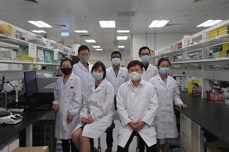 (From left) Dr Yumi Kawamura, Dr Ronne Yeo, Dr Minh Le, Dr Muhammad Waqas Usman Hingoro, Mr Lin Xiangqian, Mr Dean Lee Zi Yang and Dr Carol Wang Xin of Carmine Therapeutics, a gene therapy company that was formed last year.