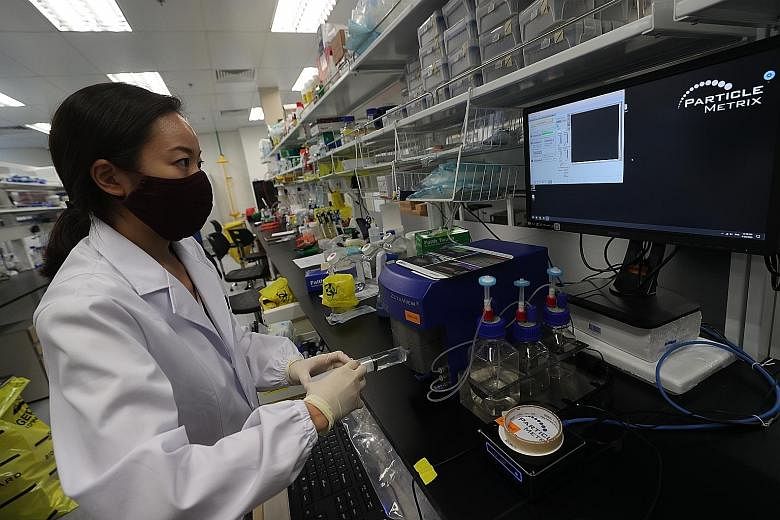 Carmine Therapeutics scientist Yumi Kawamura operating a device used to analyse extracellular vesicles, particles that are released by red blood cells. Carmine developed a technology that uses extracellular vesicles to deliver genes to parts of the b