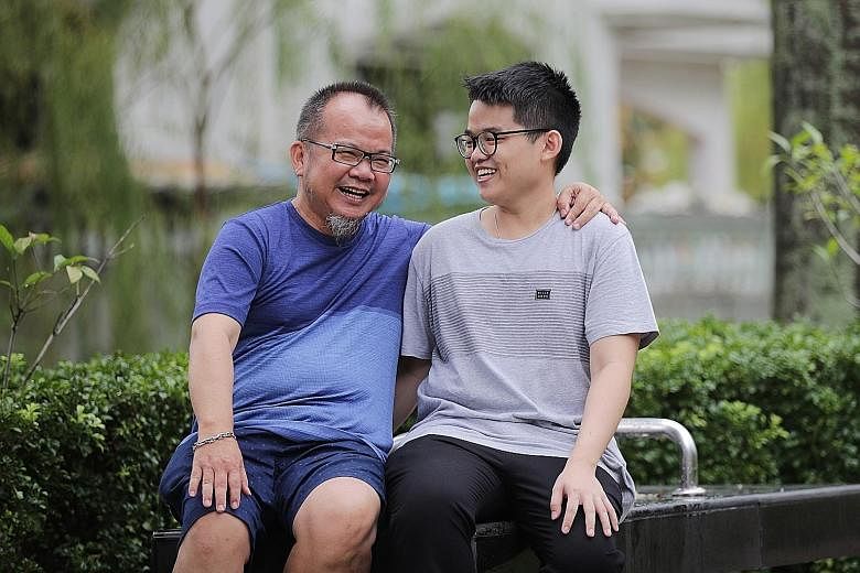 Chauffeur Zaric Foo, 55, and his son Jarenn, 23, at Lorong Sarina Interim Park on June 20. Jarenn was diagnosed with acute lymphoblastic leukaemia - a type of blood cancer - at the age of 12. A series of health ordeals followed, and the pair have gro