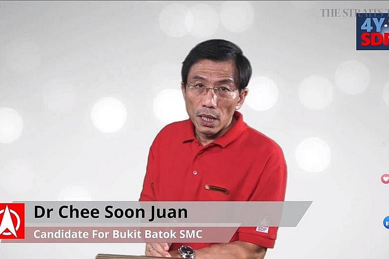 Singapore Democratic Party chief Chee Soon Juan speaking during the live stream held on the party's Facebook page last night. In his speech, he said that while the campaigning process may be physically exhausting, he is committed to the party's cause